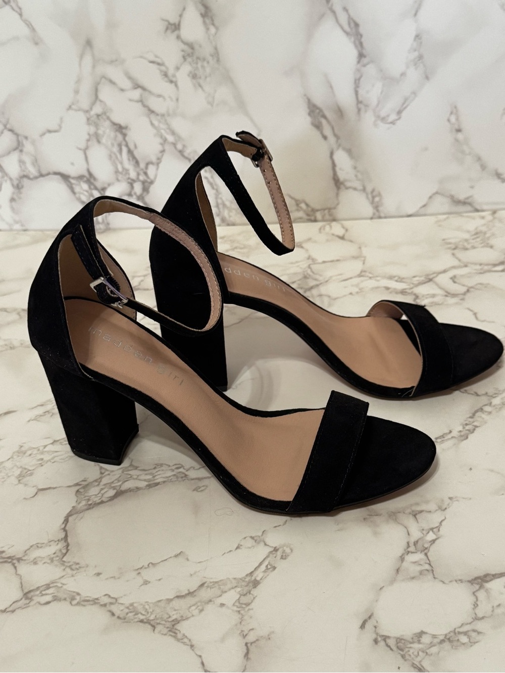 Madden Girl Black Ankle-Strap Block Heels